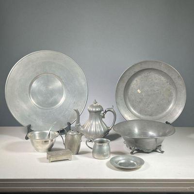 (10PC) PEWTER DISHES | Includes: 2 large serving platters (one 19th century), 1 large serving bowl, teapot, 2 creamer, and 1 soup bowl....