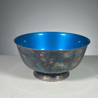 REED & BARTON ENAMEL BOWL | Silver plated exterior with blue enameled interior, marked on the bottom