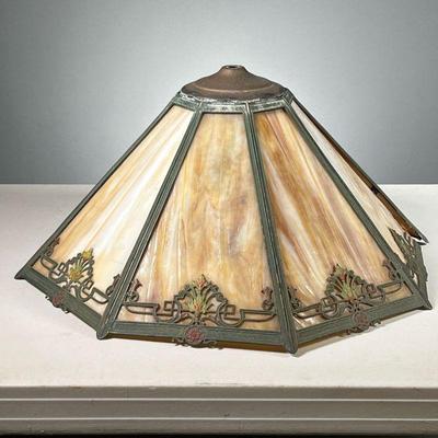 SLAG GLASS LAMPSHADE | The frame with metal floral decoration around each pane. Dimensions: h. 12 x dia. 18 in