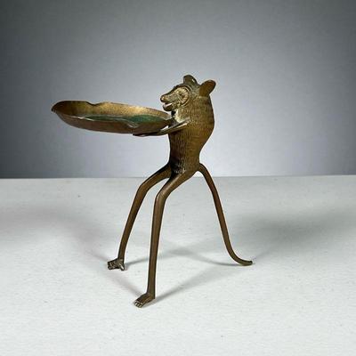 ART BRASS MOUSE ASHTRAY | unusual brass or bronze mouse with elongated legs holding tray with embossed portrait of a woman.