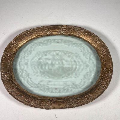 COPPER AND GLASS PLATTER | Etched glass plate depicting a farm and windmill with copper border depicting various farmhouse and farming...