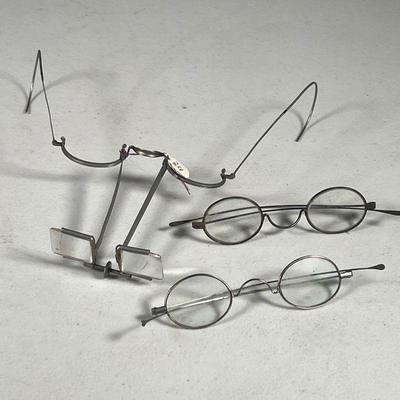 (3PC) ANTIQUE GLASSES | Antique spectacles, including a pair of watch repair or jewelry glasses with magnifying lenses and two pairs of...