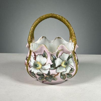 HAND PAINTED PORCELAIN BASKET | Signed JMH, hand painted floral decoration with gilt edge and borders. Dimensions: h. 7 x dia. 4.5 in