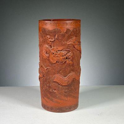 CHINESE TERRACOTTA VASE | Terracotta/ Redware (Yixing / xixing) vase decorated with sinuous dragon among clouds in high relief.