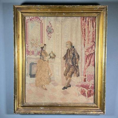 NEEDLEWORK PANEL | French style needlework depicting man and woman in an interior scene, gilt frame Dimensions: w. 21.5 x h. 25.5 in