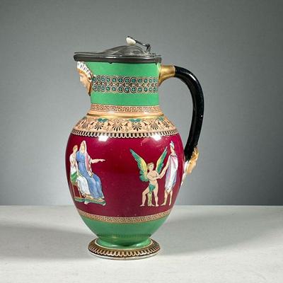 19TH CENTURY PRATTWARE PITCHER | Hand-painted pitcher with pewter top, decorated with ancient Greek / Roman figures. Dimensions: h. 10 x...