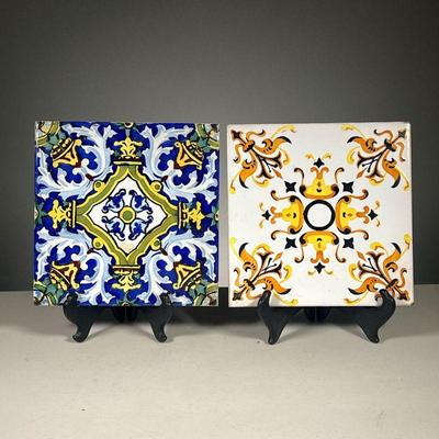 (2PC) SPANISH CERAMIC TILES | Faience pottery tiles, one with incised mark on bottom, the other with cork bottom and stamp mark