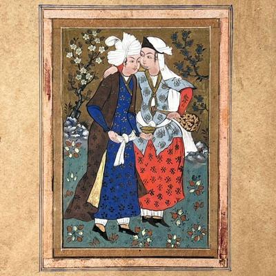 ANTIQUE PERSIAN ILLUSTRATION | Showing two figures in a garden, with gilt highlights - 5.5 x 4 in. (subject, approx.)