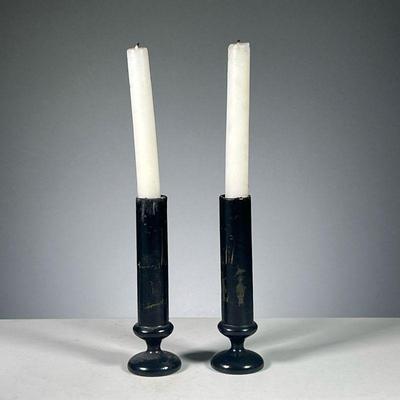 (2PC) PAIR OF BLACK PAPIER MACHE CANDLESTICKS WITH CANDLES | Papier-Mache candlesticks painted black with candles included. Dimensions:...