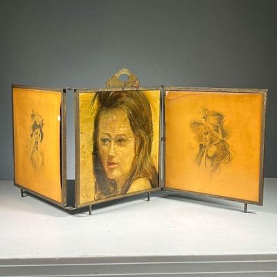 TRIPTYCH MIRROR | three-part folding mirror with beveled glass on interior, with woman painted on glass on center exterior glass & 2...