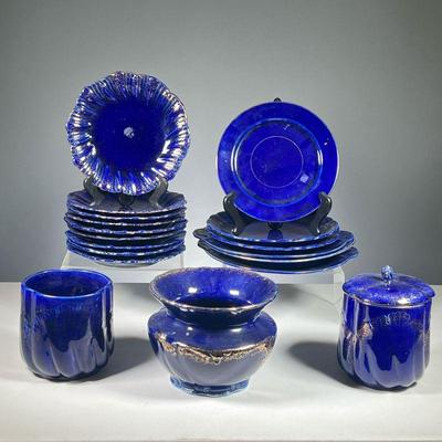 (18PC) COBALT BLUE DISHES WITH GILT DECORATION | Includes: 3 large serving dishes, 2 dinner plates, 9 small plates, 1 large vase, and 2...