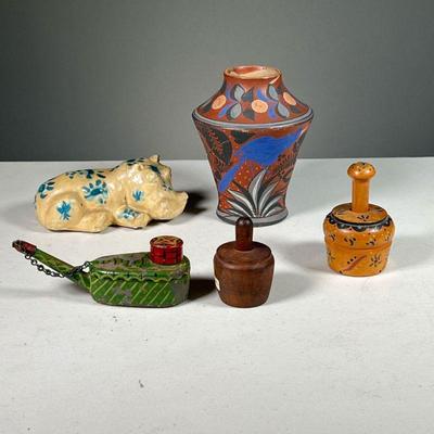 (5PC) ASSORTED WOOD & CERMICS | Colorful decorative objects, including a painted Hippo, a ceramic vase, 2 wooden push stamps, and a green...