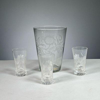 (4PC) BLOWL GLASS VASE & CUT GLASS DRINKING GLASSES | Featuring hand-blown glass vase with etched patterns and 3 cut glass small drinking...