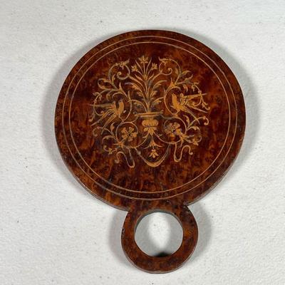 SMALL INLAID HAND MIRROR | intricately inlaid hand mirror with round handle decorated in beautiful figured contrasting woods, the border...