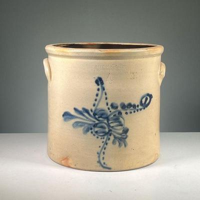 ADAM CAIRE STONEWARE CROCK | Blue decorated stoneware crock, 4 gallon, marked Poughkeepsie NY.