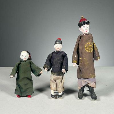 (3PC) ANTIQUE CHINESE DOLLS | Includes 2 children, 1 with traditional hat and 1 adult in hat and ponytail, with painted faces and all...