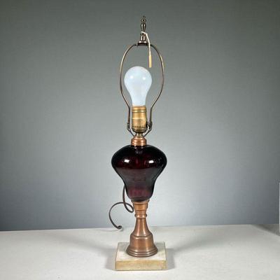 PURPLE BLOWN GLASS LAMP | Hand Blown Purple Glass lamp with brass column and stone base. Dimensions: h. 21.5 x dia. 5 in