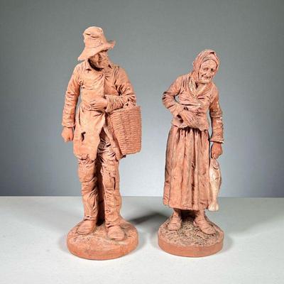 (2PC) JOSEPH LE GULUCHE (1849-1915) | A pair of terracotta figures signed J. Le Guluche, man and woman peasants, the man holding a basket...