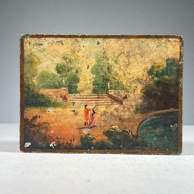 PAINTED TIN BOX | Antique tole painted box decorated with a scene of a couple in a park setting on lid, rest of box painted green with...