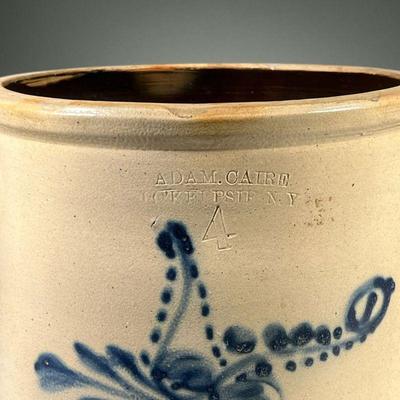 ADAM CAIRE STONEWARE CROCK | Blue decorated stoneware crock, 4 gallon, marked Poughkeepsie NY.