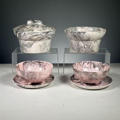 (6PC) SANTA ANITA WARE DISHES | Includes: 2 white and silver casserole dishes (1 with lid), 2 pink and silver bowls & 2 pink and silver...