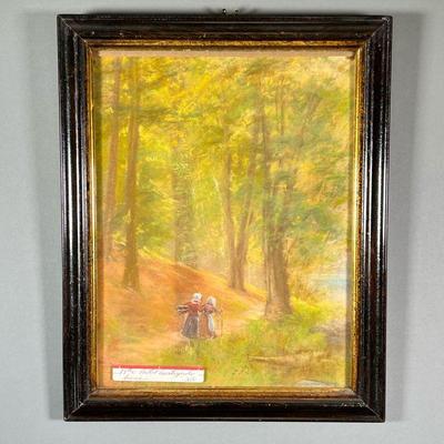 PASTEL COUNTRYSIDE SCENE | Pastel countryside scene featuring two women collection wood, in a gilt trimmed dark-wood frame. Dimensions:...
