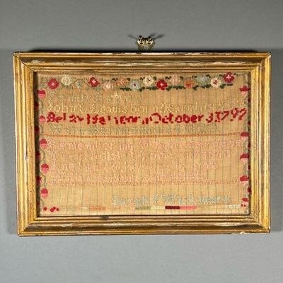 18/19TH CENTURY NEEDLEPOINT MARRIAGE RECORD | or Family Register, depicting births & marriages with floral border. Information &...
