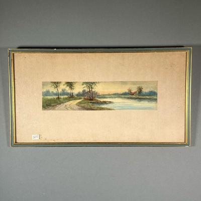 ANTIQUE WATERCOLOR PAINTING, SIGNED | Watercolor on paper, depicts country scene by a river, signed lower left, in a gilt and blue frame....