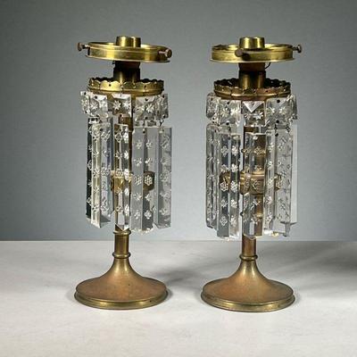(2PC) BRASS MANTEL LUSTRES | Includes 19 hanging cut glass pieces.