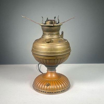19TH CENTURY BRASS OIL LAMP ELECTRIFIED | Brass oil lamp with painted bronze base. Dimensions: h. 12 x dia. 6.5 in