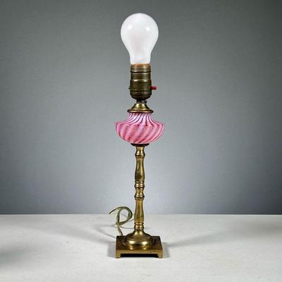 PINK VENETIAN GLASS LAMP | Pink Venetian glass oil table lamp with brass base, electrified. Dimensions: h. 15 in