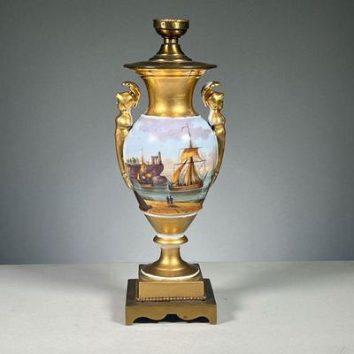 PAINTED PORCELAIN VASE | Intricately hand painted porcelain vase lamp decorated with a harborscape and 3 masted sailing ship, mounted...