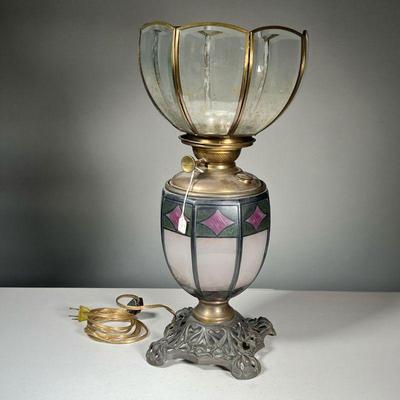 PAINTED GLASS OIL LAMP | Success painted glass oil table lamp with beveled glass lampshade, electrified Dimensions: h. 19 x dia. 9 in.