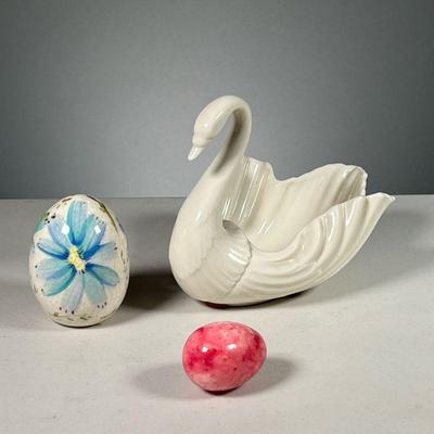 (3PC) CERAMIC SWAN BOWL WITH DECORATIVE EGGS | Includes: Lenox white ceramic swan bowl and 2 painted ceramic eggs. Dimensions: l. 9 x w....