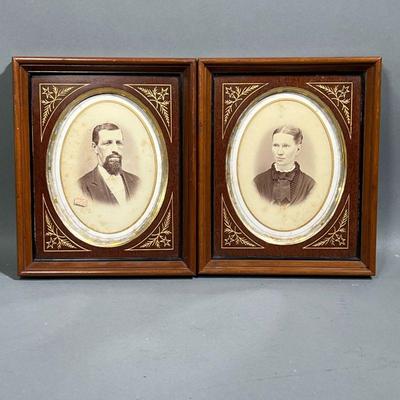 (2PC) PAIR 19TH CENTURY PORTRAITS | Pair of antique photograph portraits in wood carved frames with gilt border & accents. Dimensions: w....