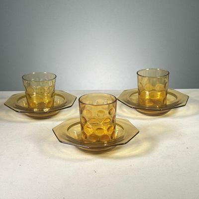 (6PC) AMBER GLASS | Including three cups (h. 3.75 in.) and three shallow bowls (dia. 6.75 in.)