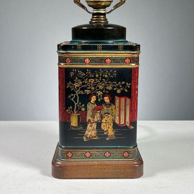 CHINESE TEA CANISTER LAMP | Tin tea cannister mounted as a lamp decorated with traditionally dressed Chinese figures.
