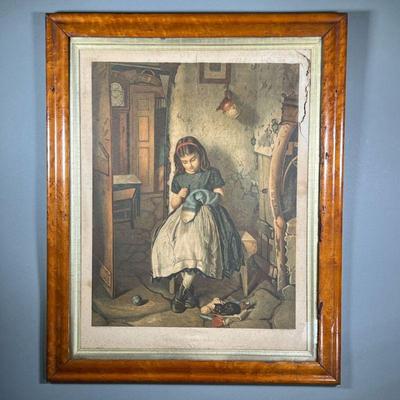 19TH CENTURY W. FYFE PRINT | Titled â€œGirl of the Periodâ€ depicts small girl sewing a stocking at home. Signed and dated, 18.5 x 24 in...