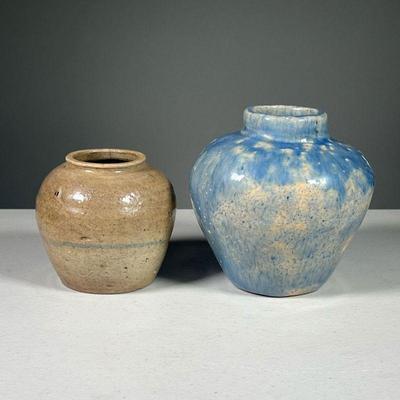 (2PC) AMERICAN ART POTTERY VASES | Two handmade ovoid vases, including a blue glazed vase with deep incised signature on the bottom and...