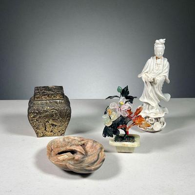(4PC) CHINESE DECOR | Decorative objects including a blanc de chine quan yin figure (h. 7 in.), a carved soapstone dish (w. 5 in.), a...