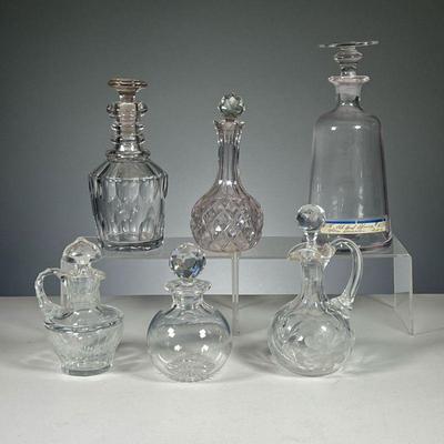(6PC) GLASS DECANTERS & CRUETS | Includes: 2 decanters, both with polished pontiles, 2 bottles with stoppers, & 2 cruet jars. Dimensions:...