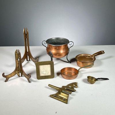 (7PC) JOS. HEINRICHS & OTHER | Copper and brass items, including: Jos. Heinrichs Pure Bronze and Sterling Silver pot with lid, miniature...
