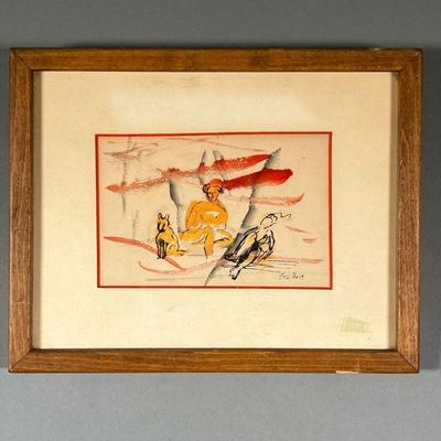 ABSTRACT SCHOOL (20TH CENTURY) | watercolor, pen & ink on paper. Depicting figures and a dog with striking red and orange hues. signed...