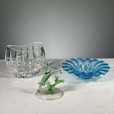 (4PC) COLORED GLASS FIGURINE AND BOWLS | Includes: colored green glass figurine of a deer, blue colored glass bowl intricately designed,...