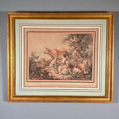 J.B. HUET COLORED ENGRAVING | 19th century French color engraving showing a woman and various farm animals in gilt frame, no. 515....