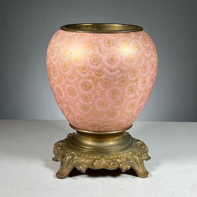 BRASS & CERAMIC VASE/BOWL | Pink ceramic vase with gilt decoration and brass bowl interior.