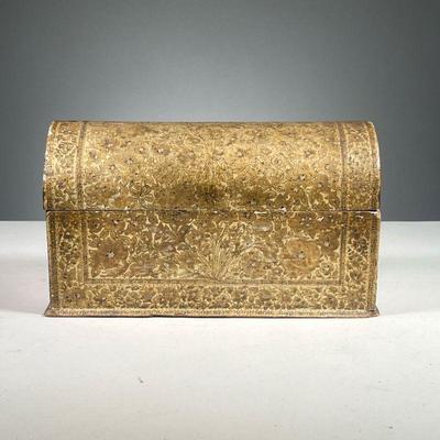 18TH C. PERSIAN CASKET | Casket form box with lift top, finely decorated with arabesque floral pattern with borders and colored...