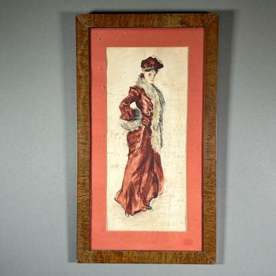 FASHION WATERCOLOR SKETCH | Watercolor sketch of woman in red coat with fur lapel & cuffs and matching red hat, in a burl veneer frame -...