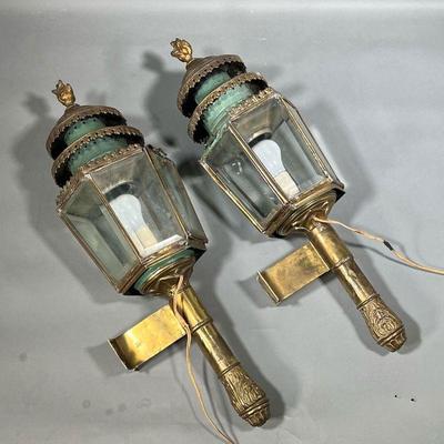 (2PC) LARGE CARRIAGE HOUSE LANTERNS | A pair of large brass lanterns for a carriage house/garage, electrified, topped with brass flame...