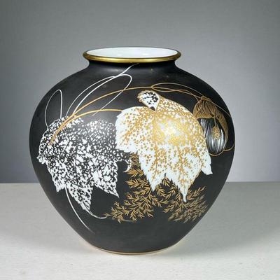 MALVACEA VASE | Black & Gold Malvacea bulbous vase made by Rosenthal Germany. Dimensions: h. 7.5 x dia. 9 in